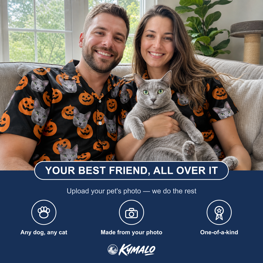 Friends in matching Men's Frightlight Fancies Custom Cat Face Hawaiian Shirt — a group gift photo