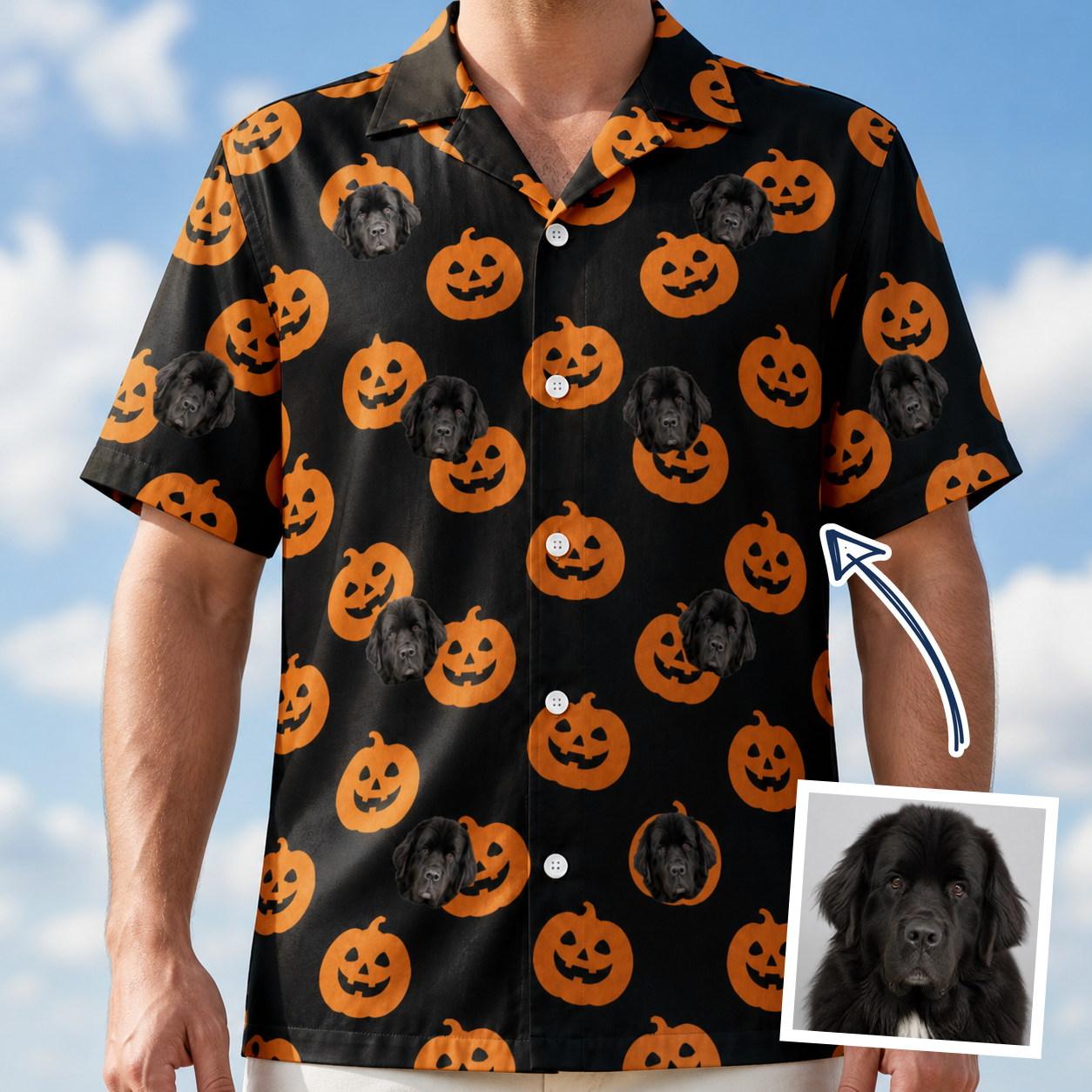 Man wearing Men's Frightlight Fancies Custom Dog Face Hawaiian Shirt — custom faces printed all-over