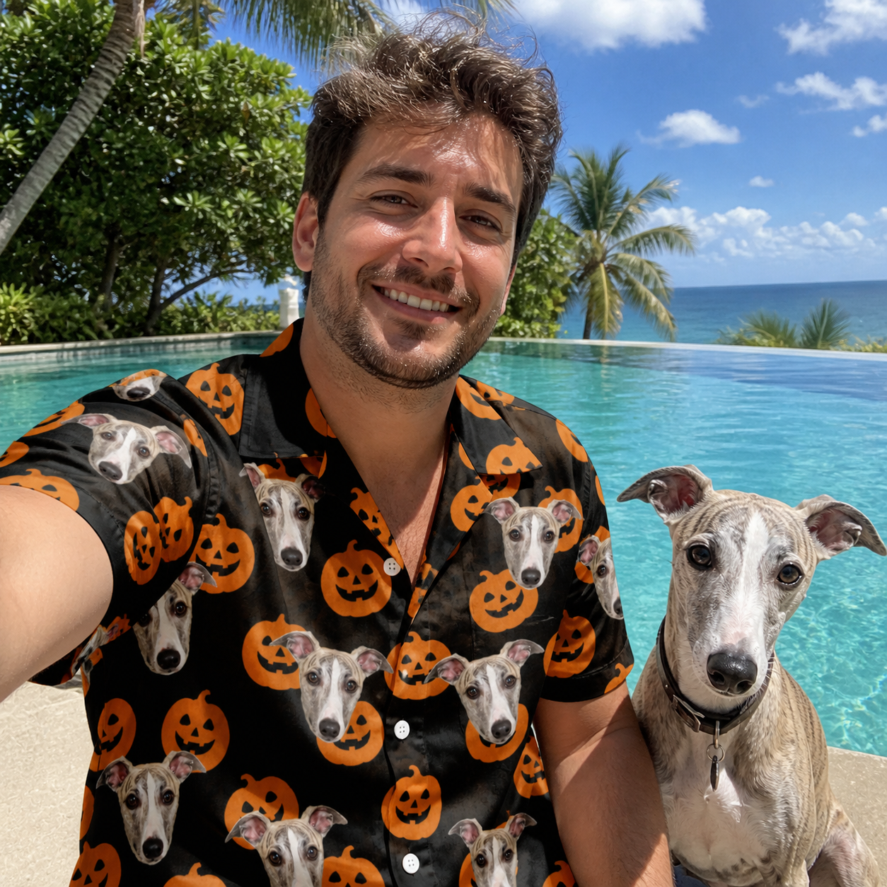 Selfie with the pet whose face is printed all over this Men's Frightlight Fancies Custom Dog Face Hawaiian Shirt
