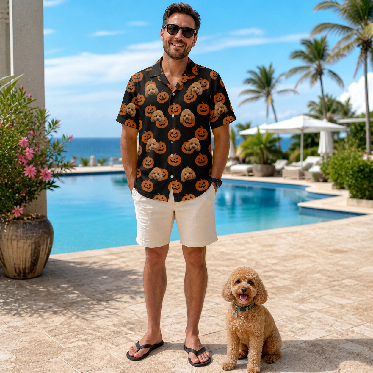 Full-length photo with the pet printed all over this Men's Frightlight Fancies Custom Dog Face Hawaiian Shirt