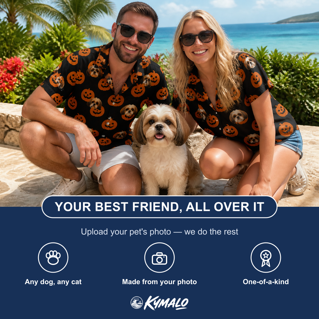 Friends in matching Men's Frightlight Fancies Custom Dog Face Hawaiian Shirt — a group gift photo
