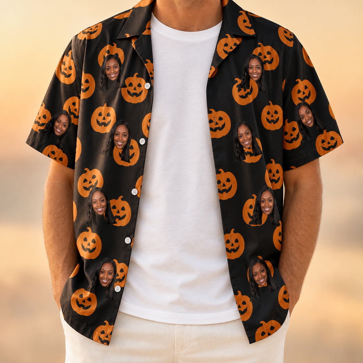 Man wearing Men's Frightlight Fancies Custom Face Hawaiian Shirt open over a white tee