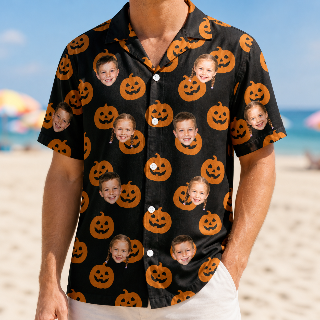 Model wearing Men's Frightlight Fancies Custom Face Hawaiian Shirt printed with kids' faces