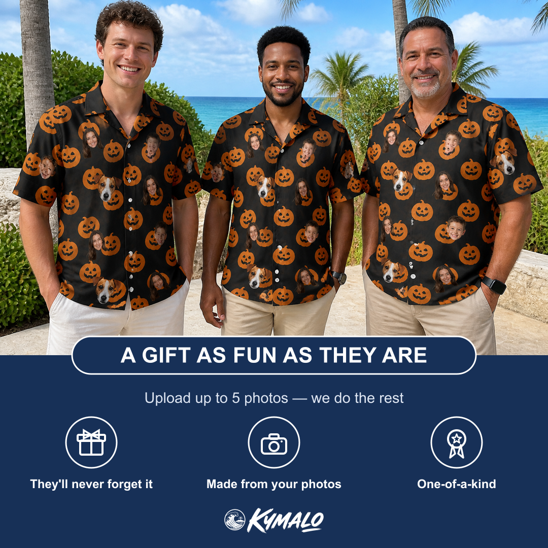 Friends in matching Men's Frightlight Fancies Custom Face Hawaiian Shirt — a group gift photo