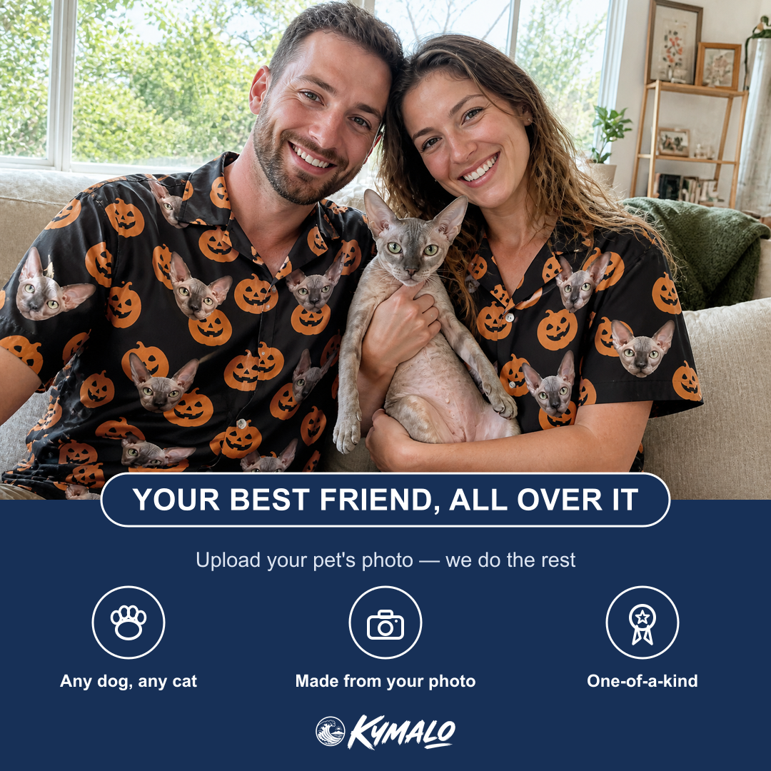 Friends in matching Women's Frightlight Fancies Custom Cat Face Hawaiian Shirt — a group gift photo