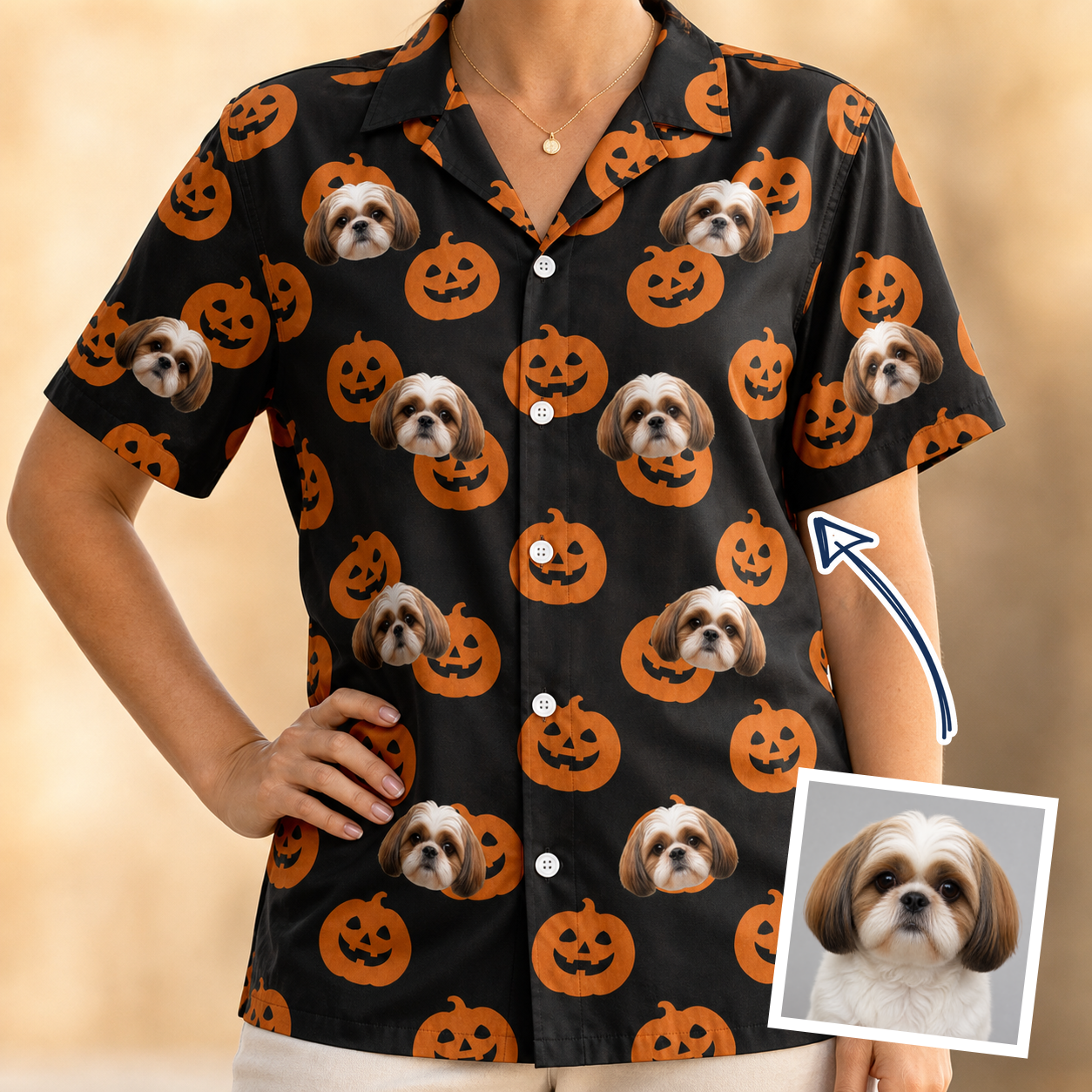 Woman wearing Women's Frightlight Fancies Custom Dog Face Hawaiian Shirt — custom faces printed all-over