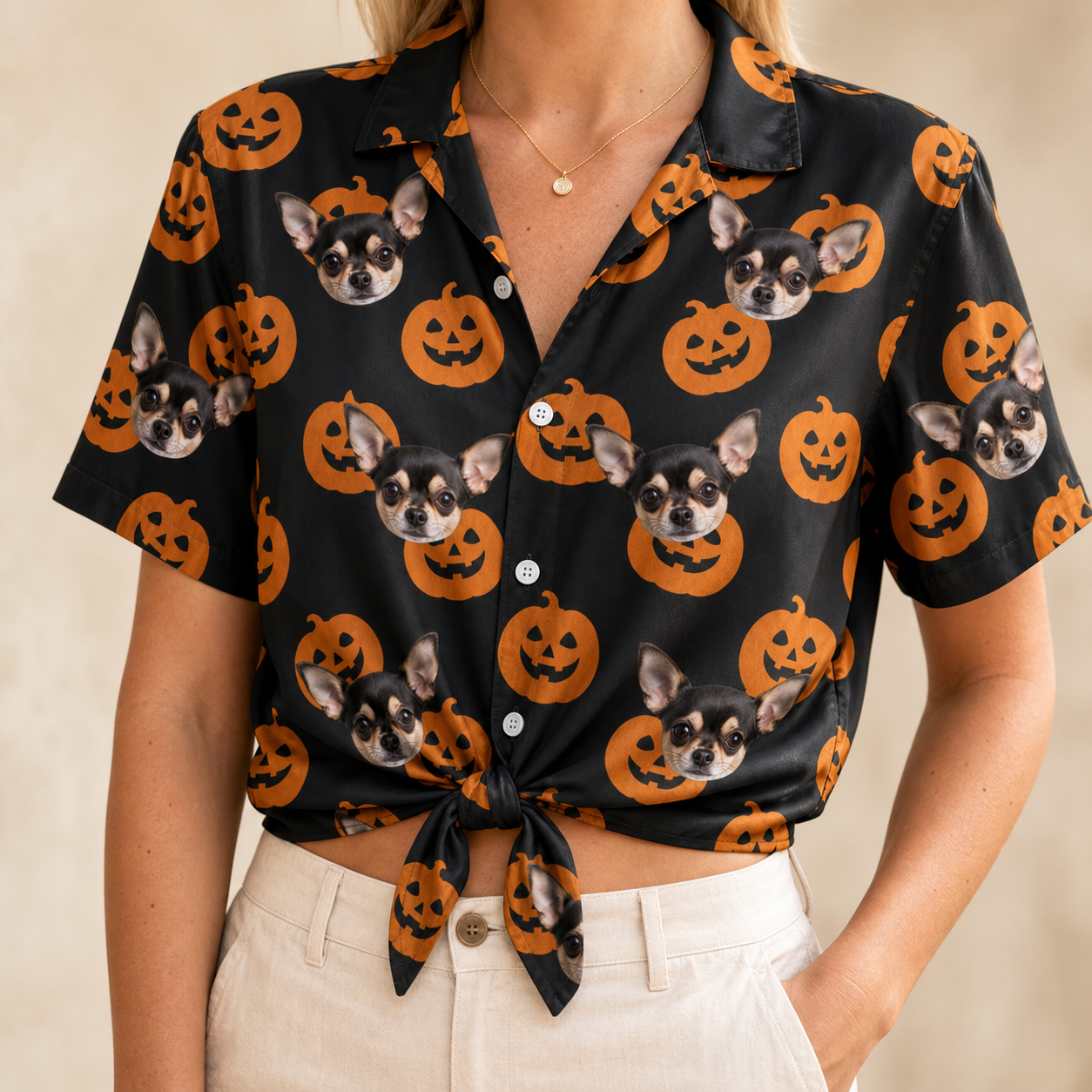 Woman wearing Women's Frightlight Fancies Custom Dog Face Hawaiian Shirt tied at the waist