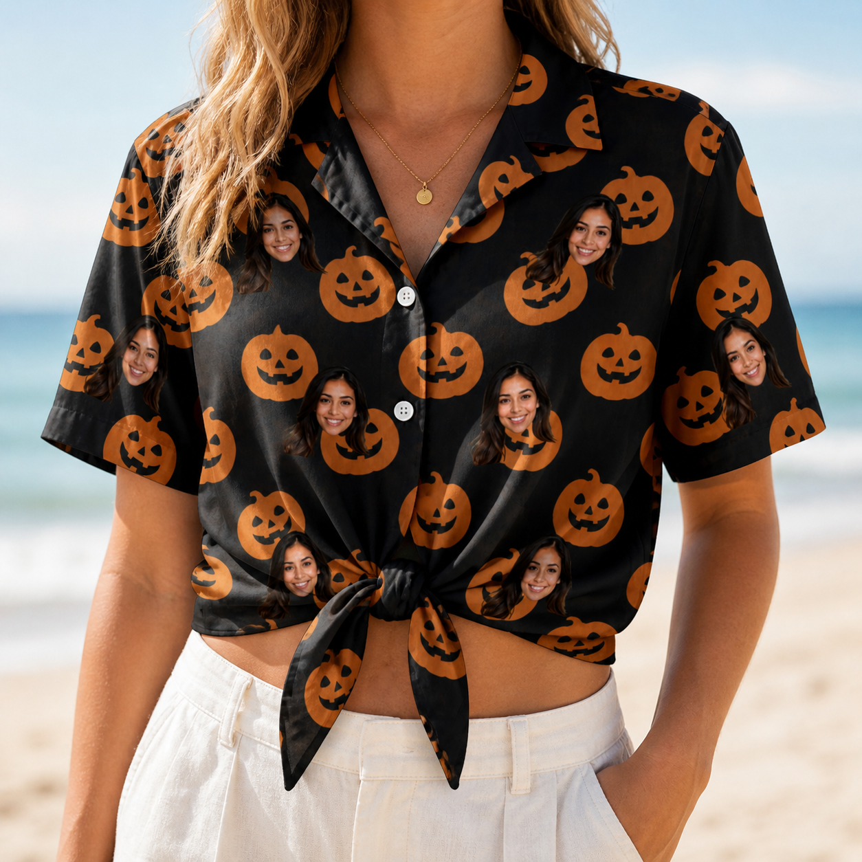Woman wearing Women's Frightlight Fancies Custom Face Hawaiian Shirt tied at the waist