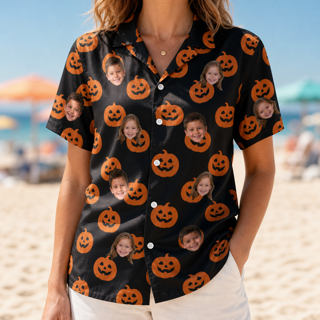 Model wearing Women's Frightlight Fancies Custom Face Hawaiian Shirt printed with kids' faces
