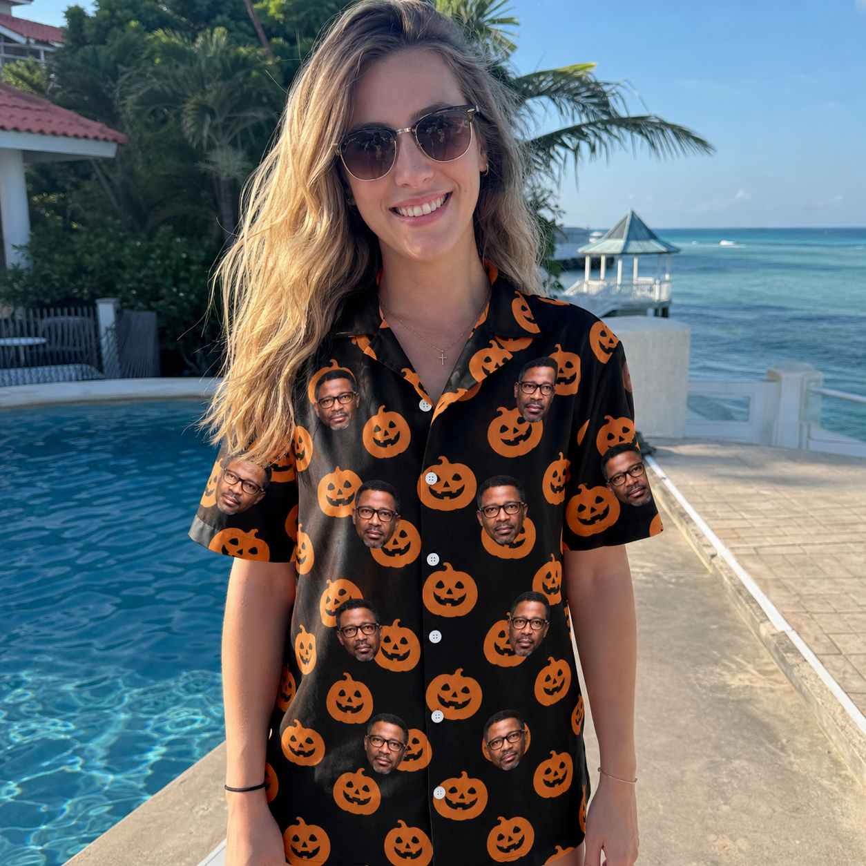 Real-life photo of someone wearing Women's Frightlight Fancies Custom Face Hawaiian Shirt — custom faces printed all-over