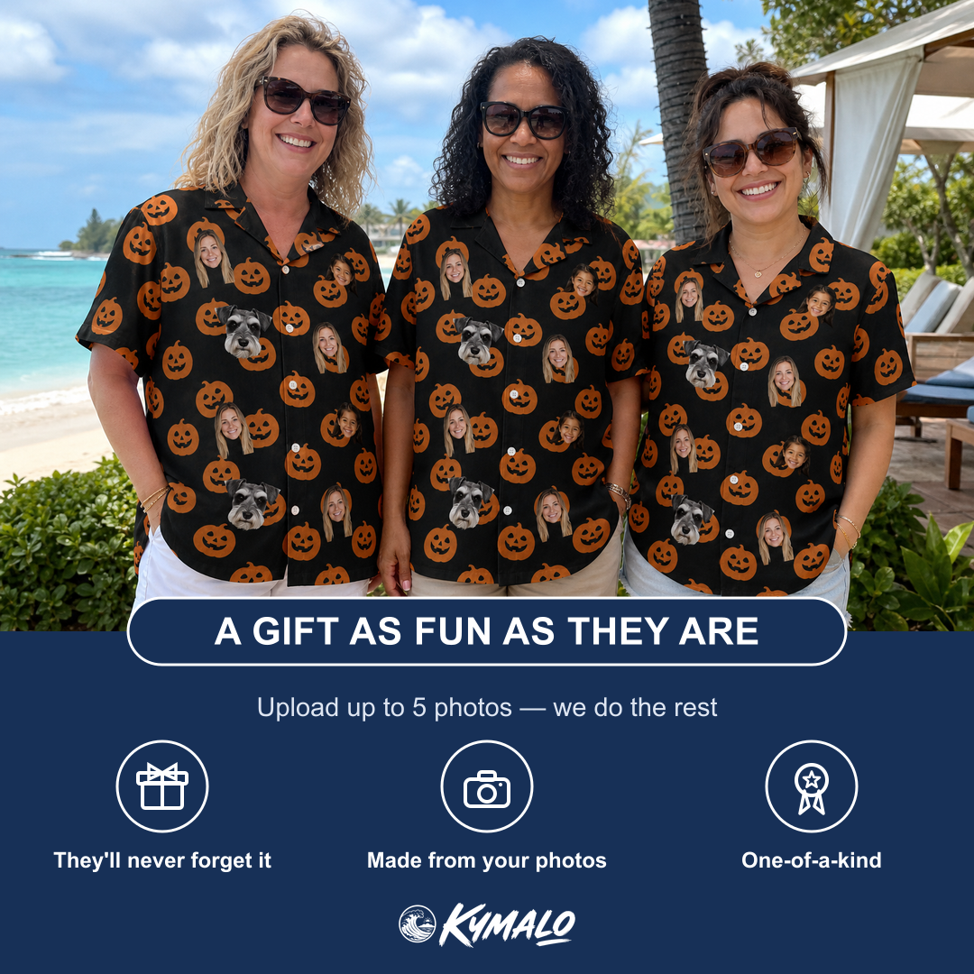 Friends in matching Women's Frightlight Fancies Custom Face Hawaiian Shirt — a group gift photo