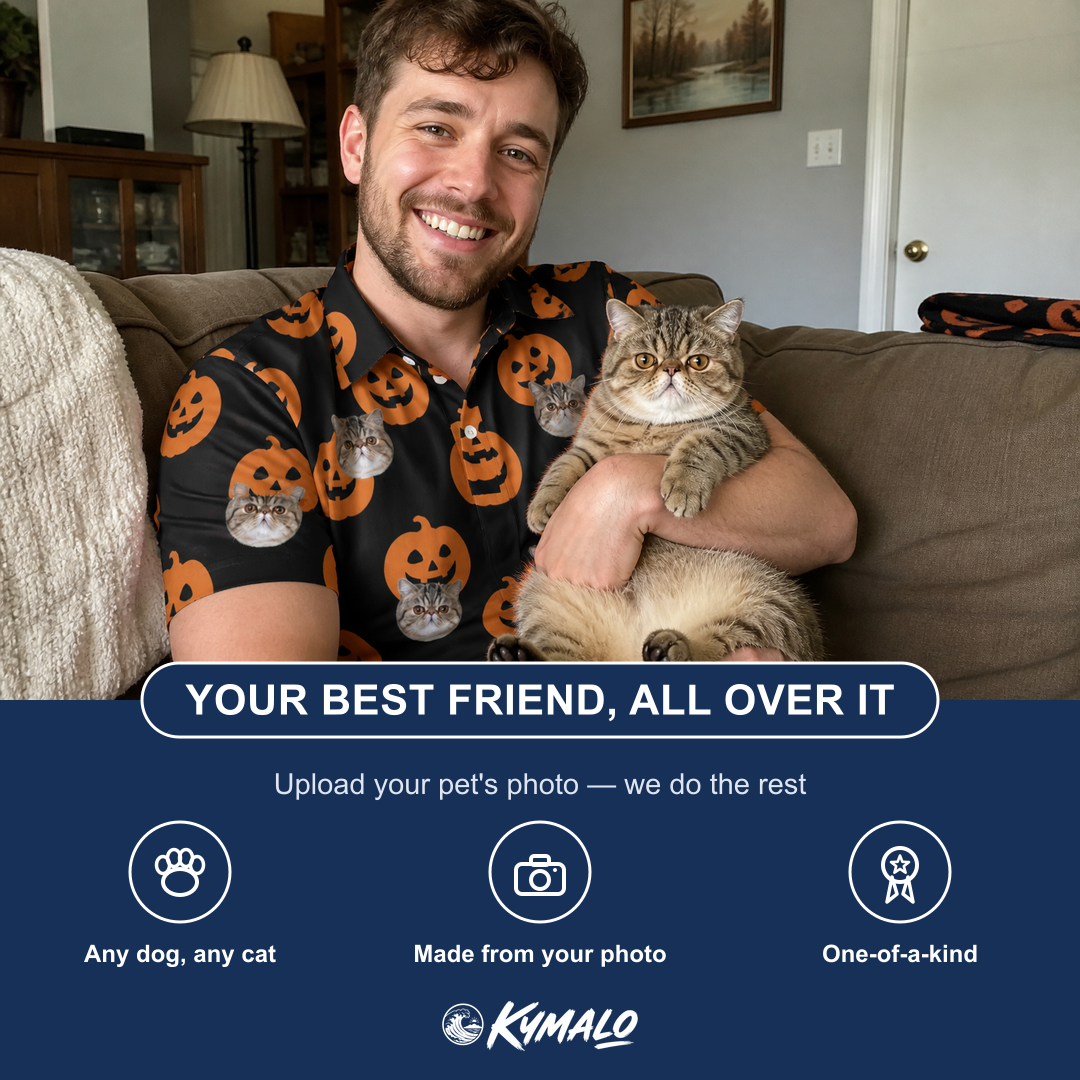 Friends in matching Men's Frightlight Fancies Custom Cat Face Polo Shirt — a group gift photo
