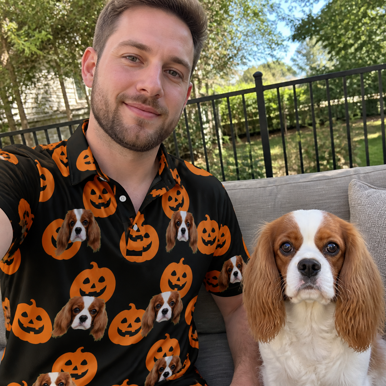 Selfie with the pet whose face is printed all over this Men's Frightlight Fancies Custom Dog Face Polo Shirt