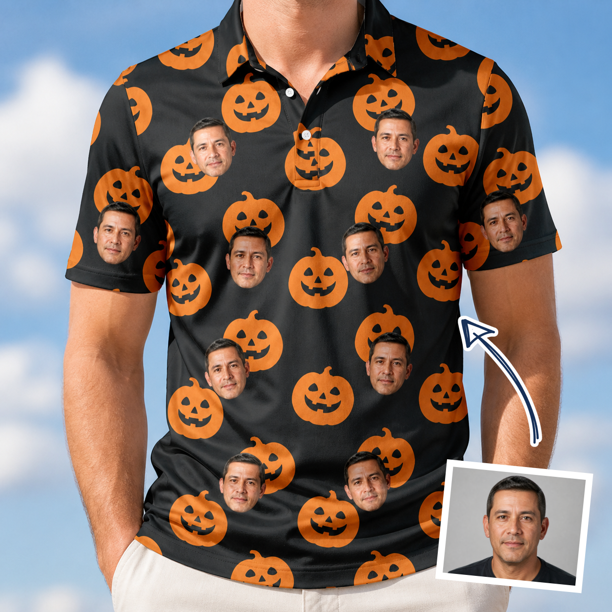 Man wearing Men's Frightlight Fancies Custom Face Polo Shirt — custom faces printed all-over