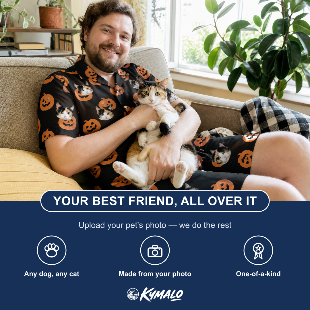 Friends in matching Men's Frightlight Fancies Custom Cat Face Shirt & Shorts Set — a group gift photo