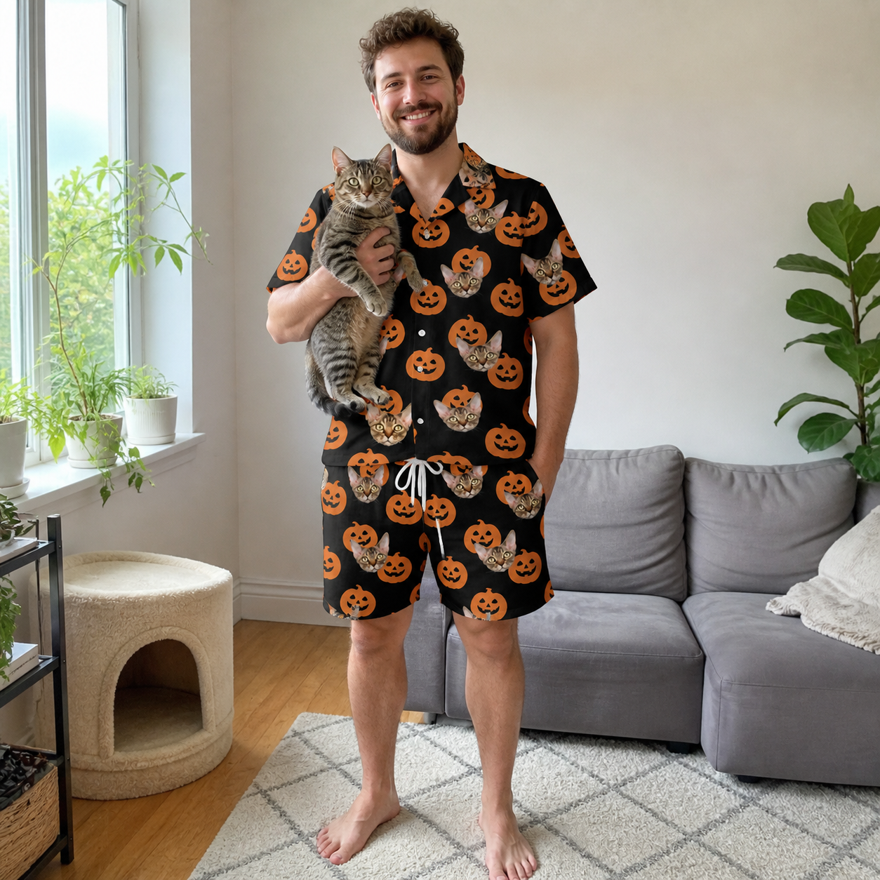 Full-length photo with the pet printed all over this Men's Frightlight Fancies Custom Cat Face Shirt & Shorts Set