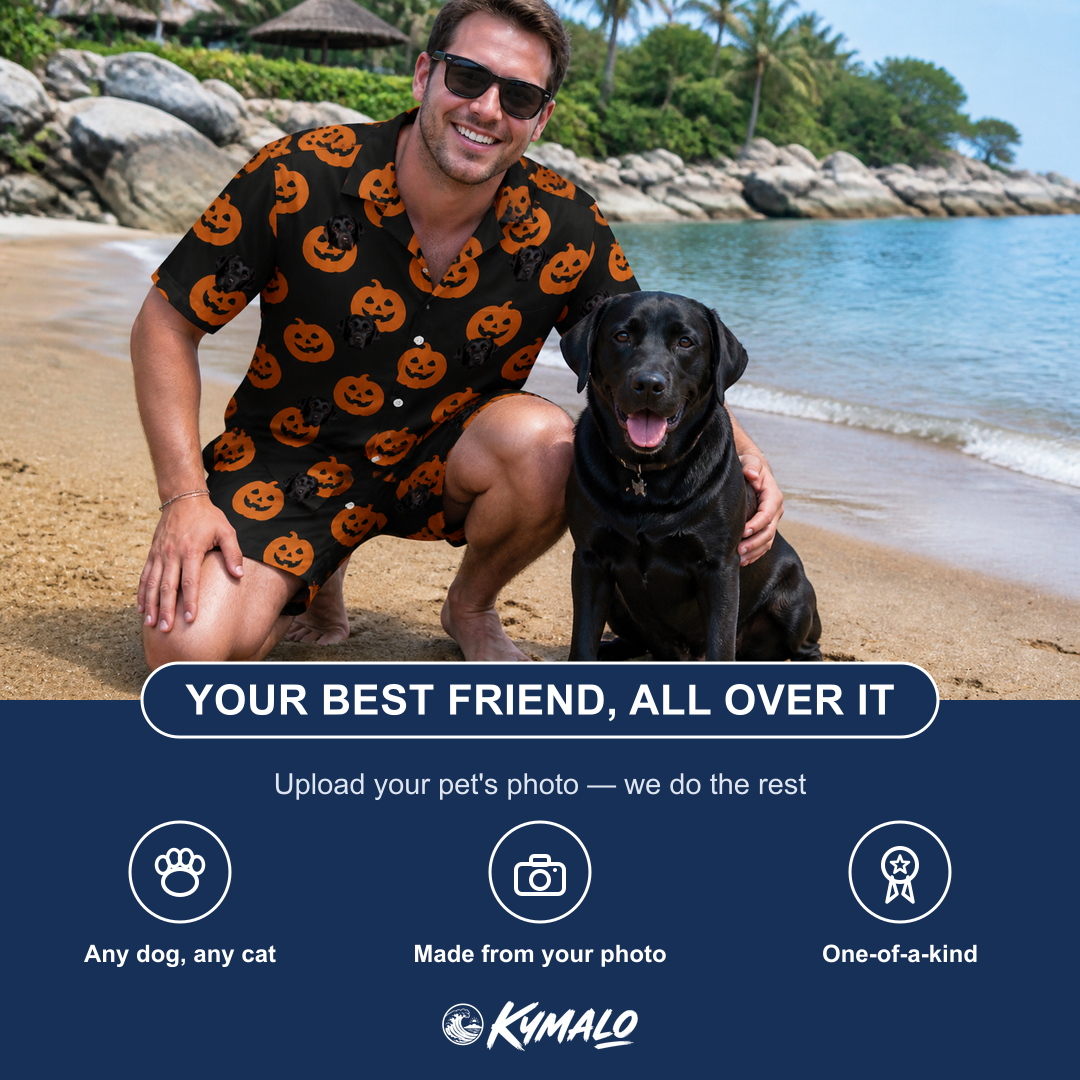 Friends in matching Men's Frightlight Fancies Custom Dog Face Shirt & Shorts Set — a group gift photo