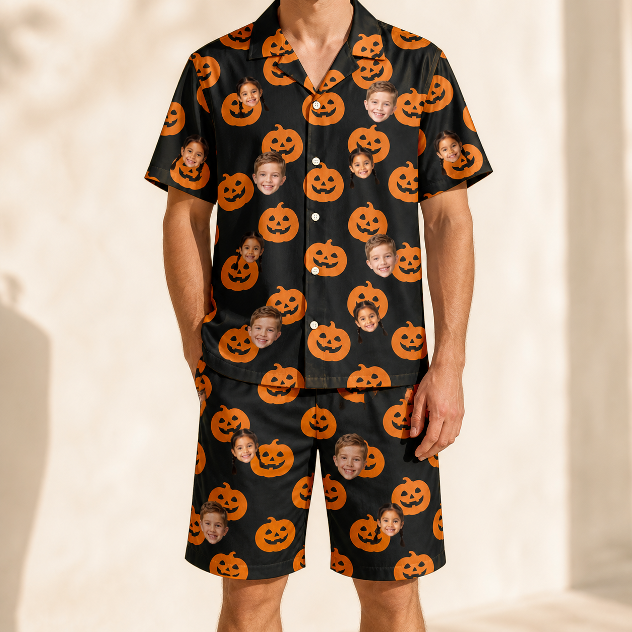 Model wearing Men's Frightlight Fancies Custom Face Shirt & Shorts Set printed with kids' faces