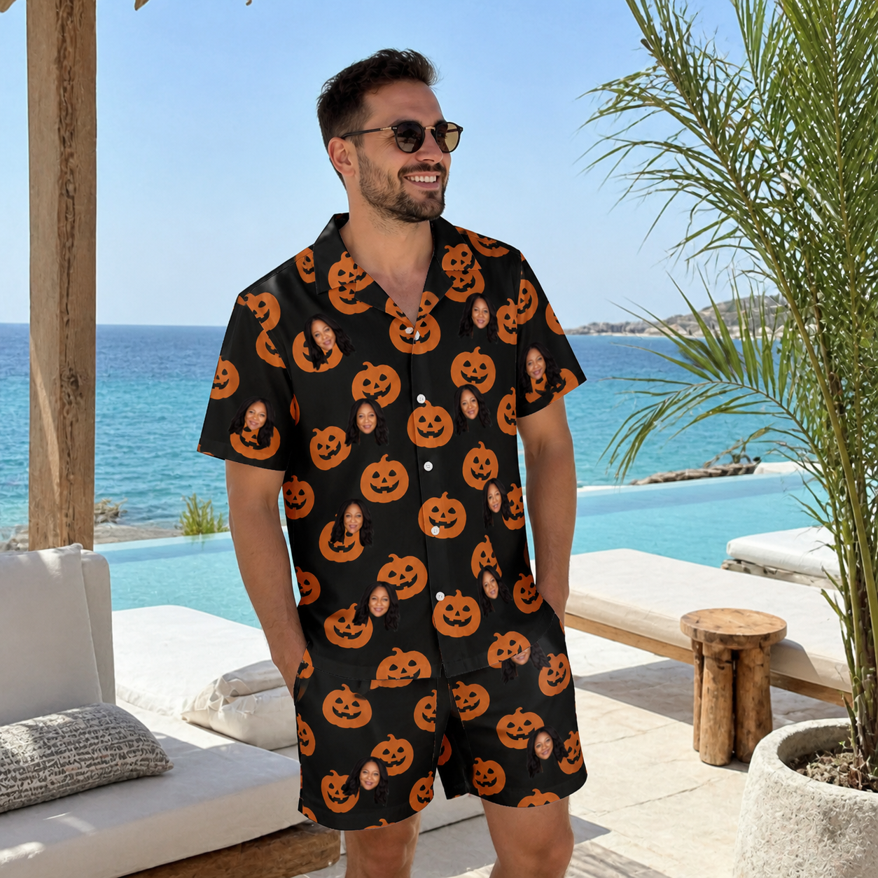 Real-life photo of someone wearing Men's Frightlight Fancies Custom Face Shirt & Shorts Set — custom faces printed all-over