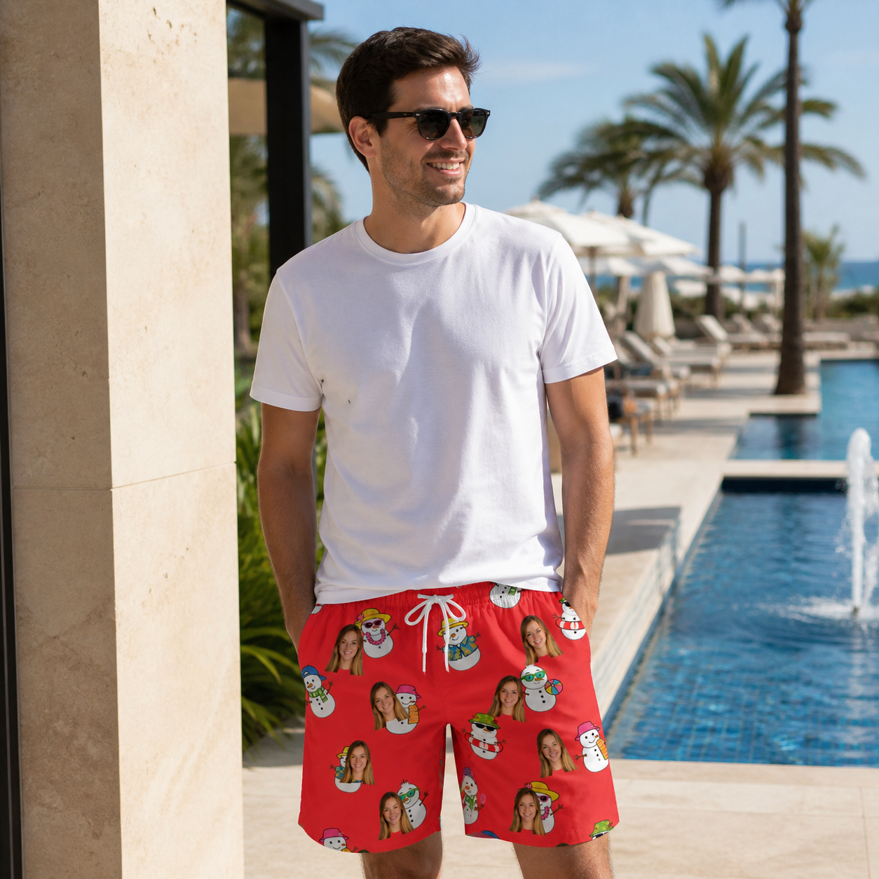 Real-life photo of someone wearing Men's Polar Pantomime Custom Face Beach Shorts — custom faces printed all-over