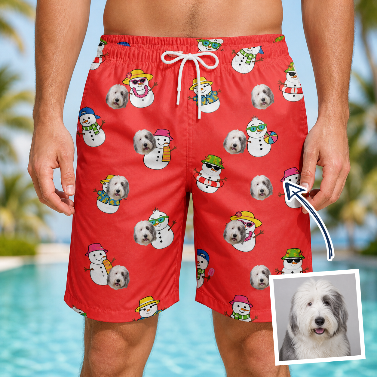 Man wearing Men's Polar Pantomime Custom Dog Face Beach Shorts — custom faces printed all-over