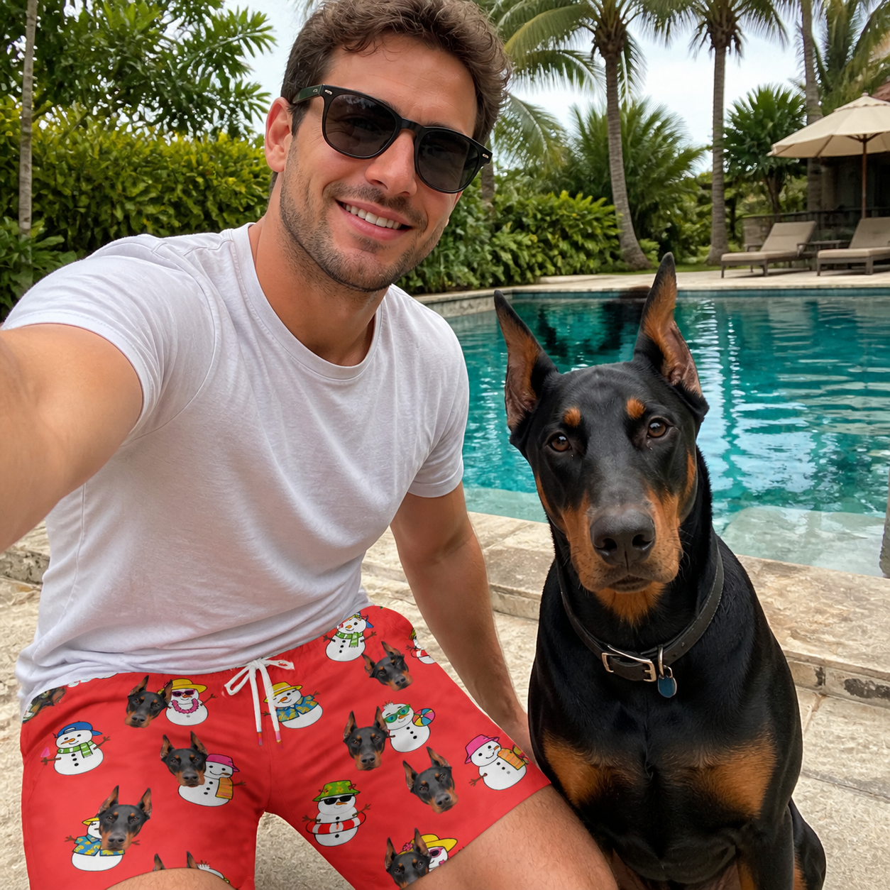 Selfie with the pet whose face is printed all over this Men's Polar Pantomime Custom Dog Face Beach Shorts