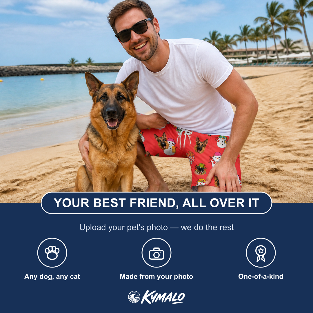 Friends in matching Men's Polar Pantomime Custom Dog Face Beach Shorts — a group gift photo