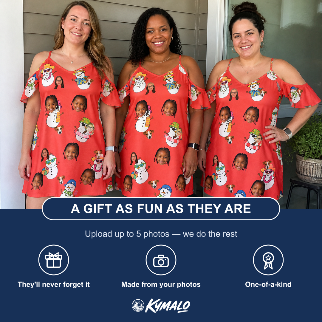 Friends in matching Women's Polar Pantomime Custom Face Off-Shoulder Dress — a group gift photo