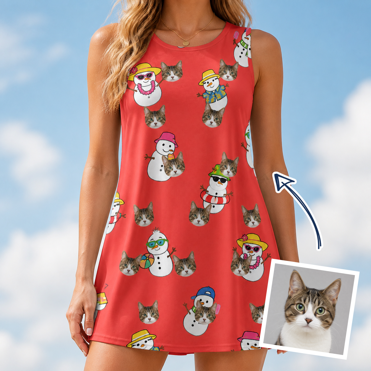 Woman wearing Women's Polar Pantomime Custom Cat Face Tank Dress — custom faces printed all-over