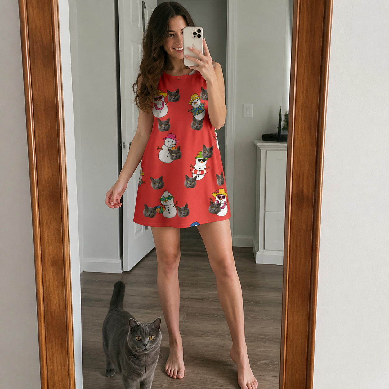 Full-length photo with the pet printed all over this Women's Polar Pantomime Custom Cat Face Tank Dress