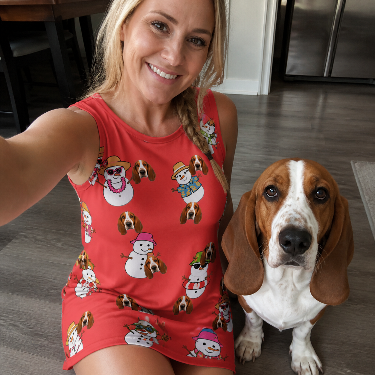 Selfie with the pet whose face is printed all over this Women's Polar Pantomime Custom Dog Face Tank Dress