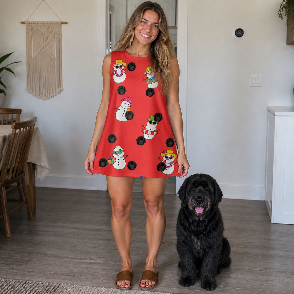Full-length photo with the pet printed all over this Women's Polar Pantomime Custom Dog Face Tank Dress