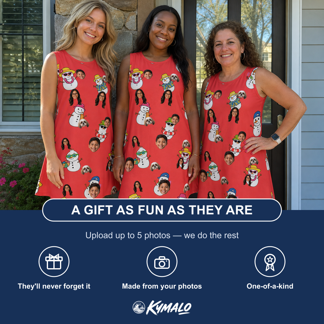 Friends in matching Women's Polar Pantomime Custom Face Tank Dress — a group gift photo