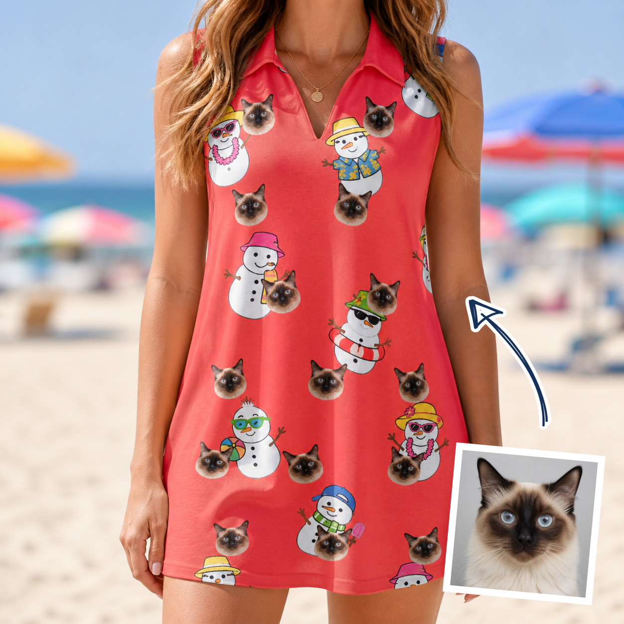 Woman wearing Women's Polar Pantomime Custom Cat Face V-Neck Dress — custom faces printed all-over