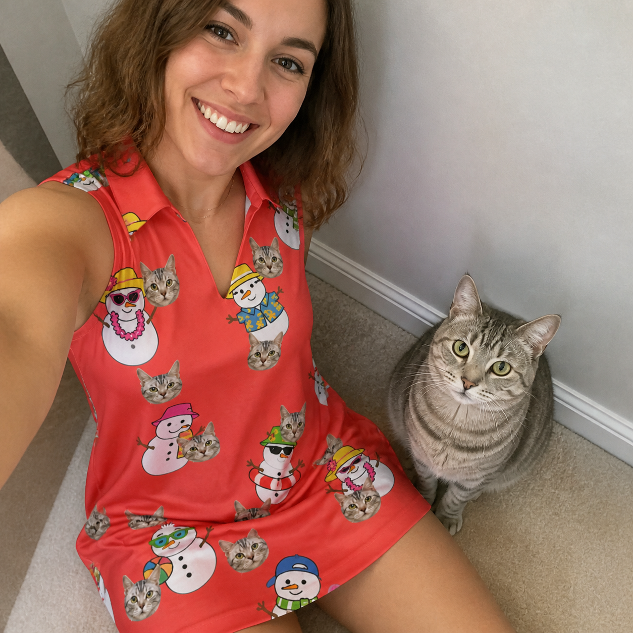 Selfie with the pet whose face is printed all over this Women's Polar Pantomime Custom Cat Face V-Neck Dress