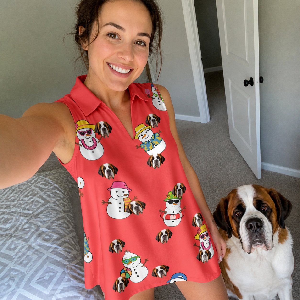 Selfie with the pet whose face is printed all over this Women's Polar Pantomime Custom Dog Face V-Neck Dress