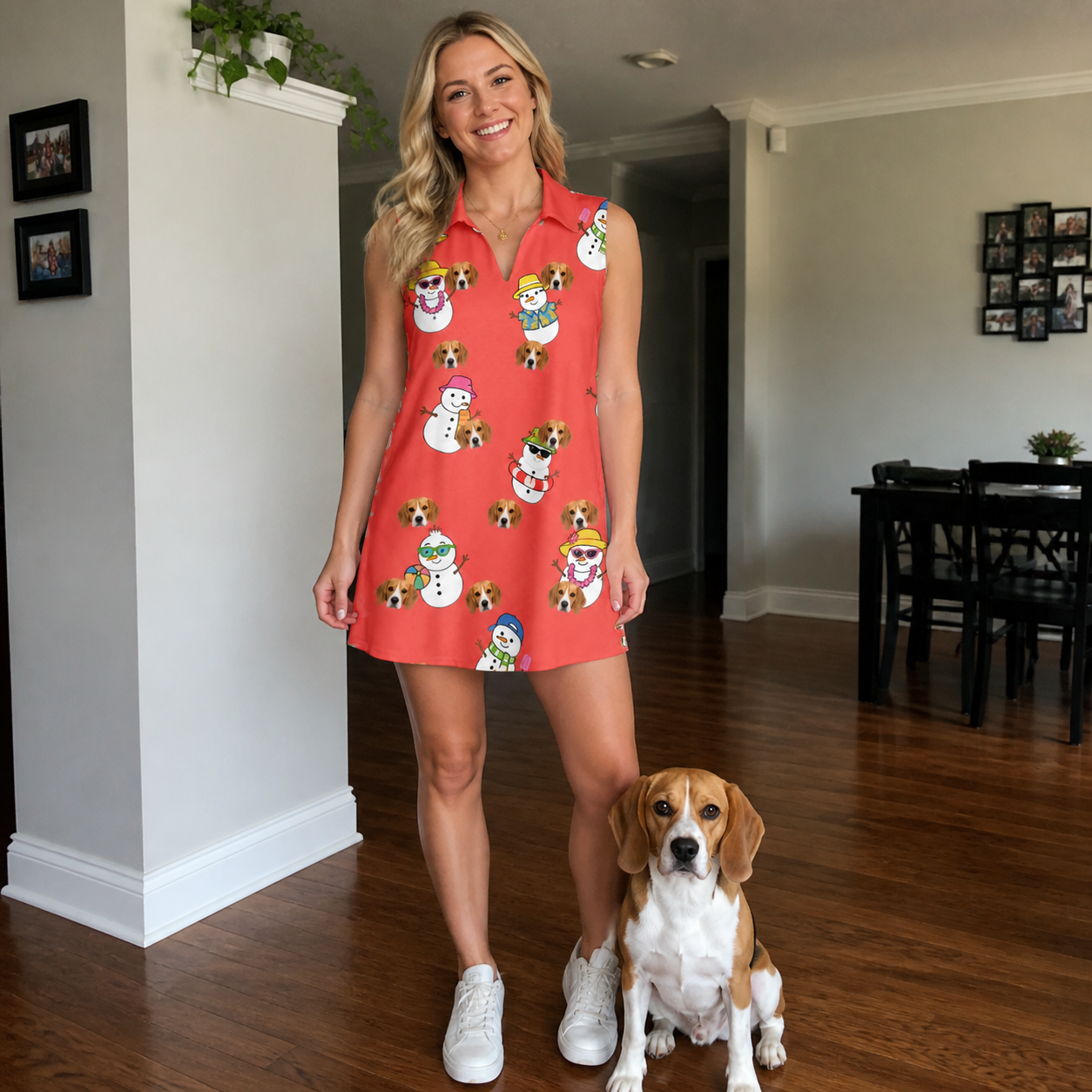 Full-length photo with the pet printed all over this Women's Polar Pantomime Custom Dog Face V-Neck Dress