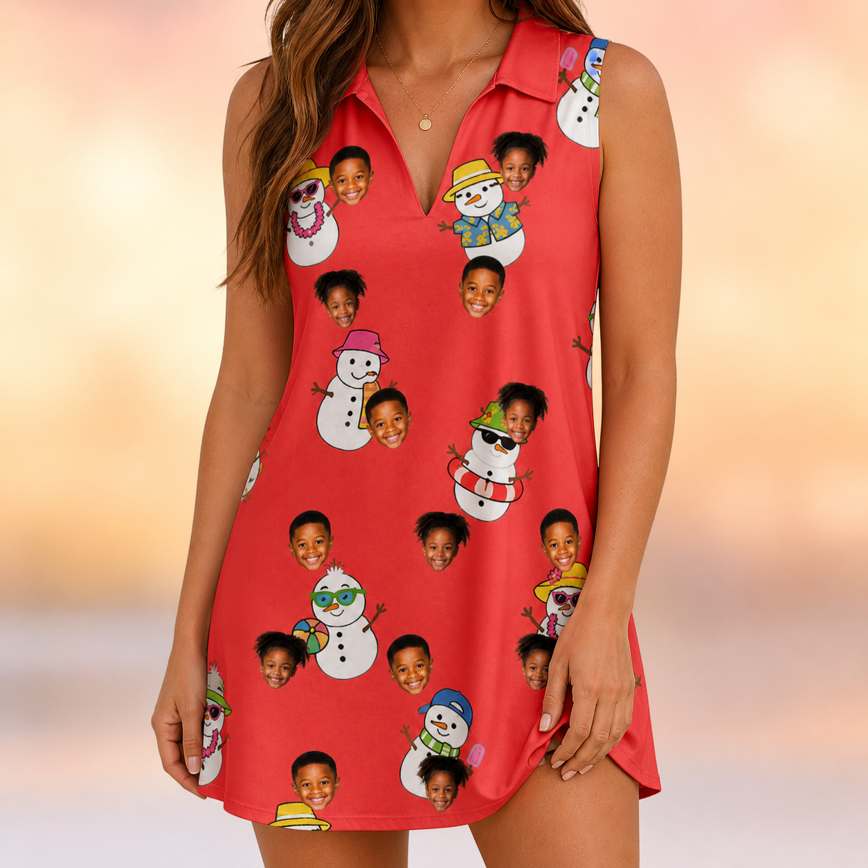 Model wearing Women's Polar Pantomime Custom Face V-Neck Dress printed with kids' faces