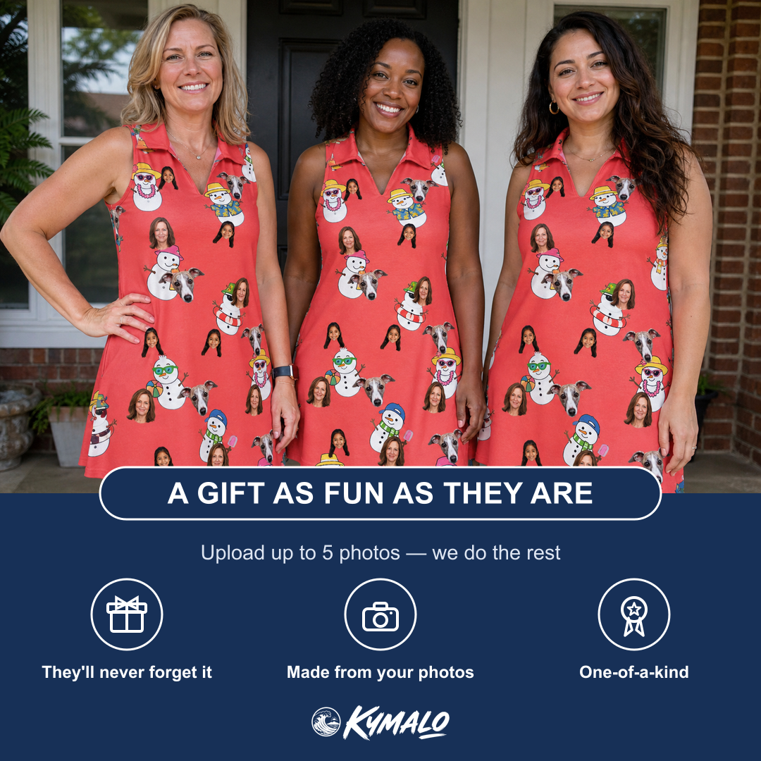 Friends in matching Women's Polar Pantomime Custom Face V-Neck Dress — a group gift photo