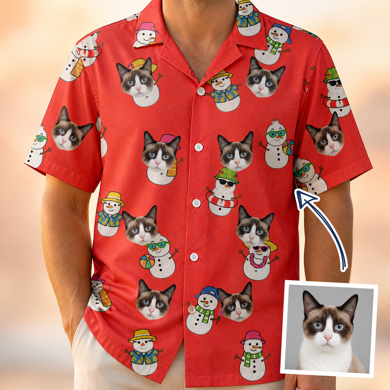Man wearing Men's Polar Pantomime Custom Cat Face Hawaiian Shirt — custom faces printed all-over