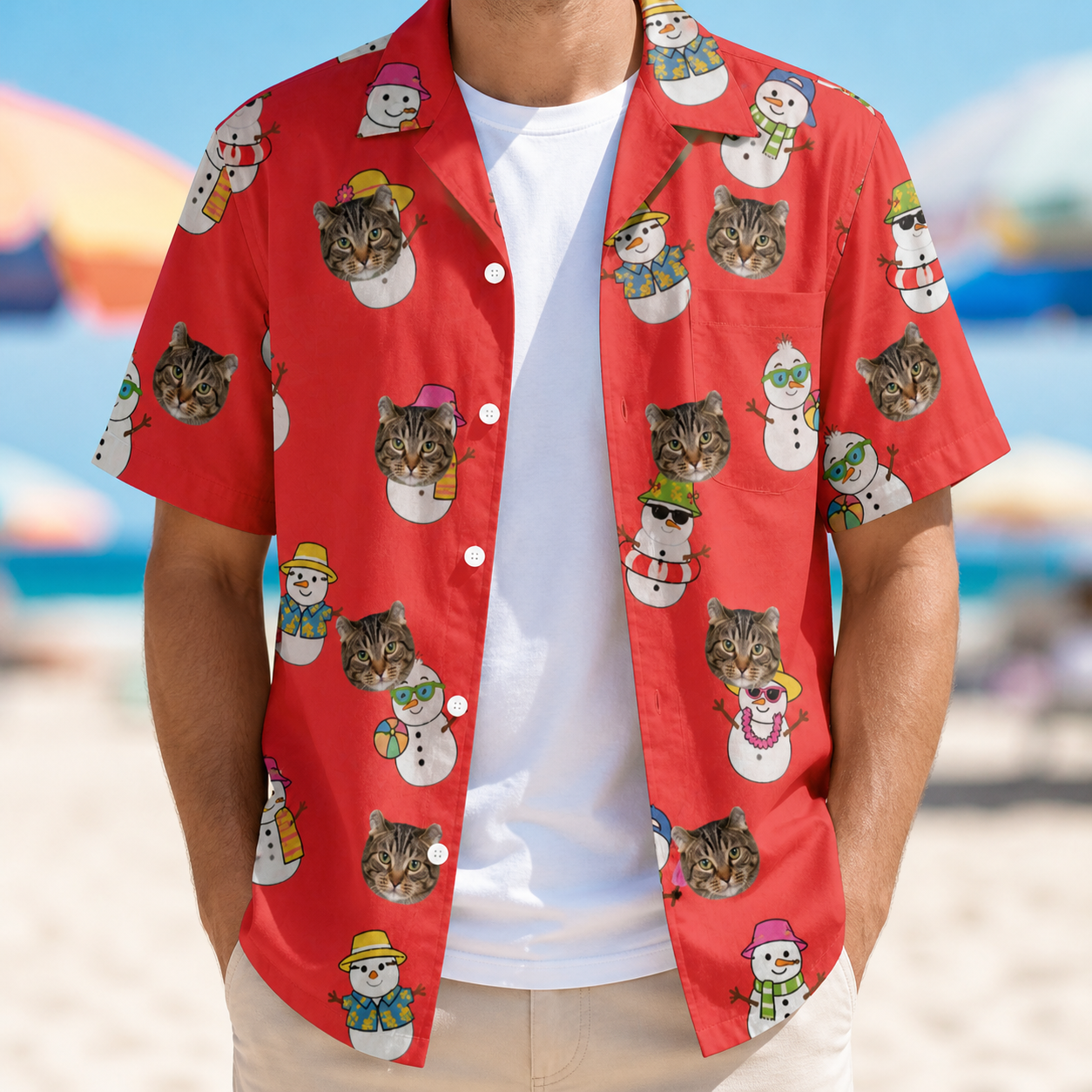 Man wearing Men's Polar Pantomime Custom Cat Face Hawaiian Shirt open over a white tee
