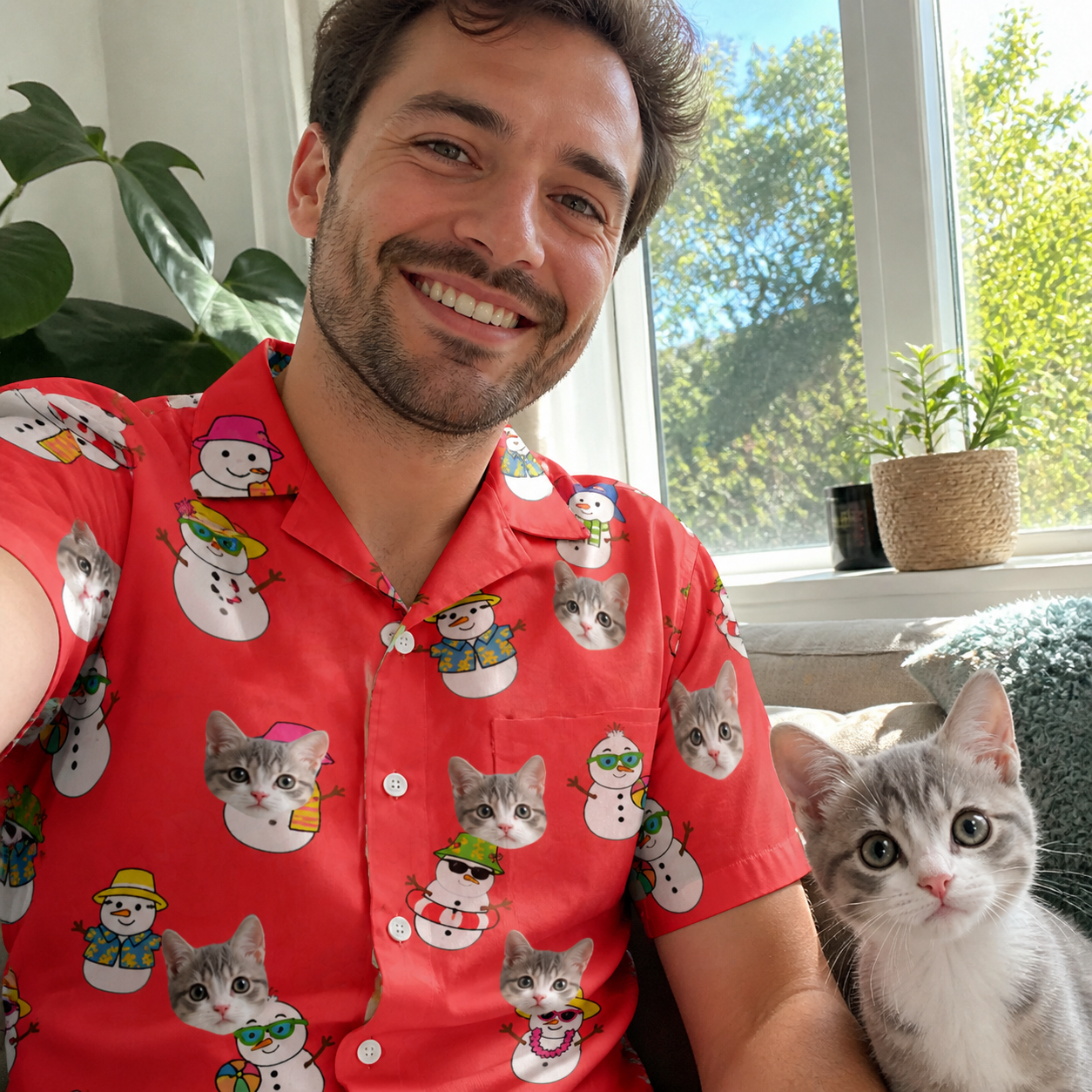 Selfie with the pet whose face is printed all over this Men's Polar Pantomime Custom Cat Face Hawaiian Shirt