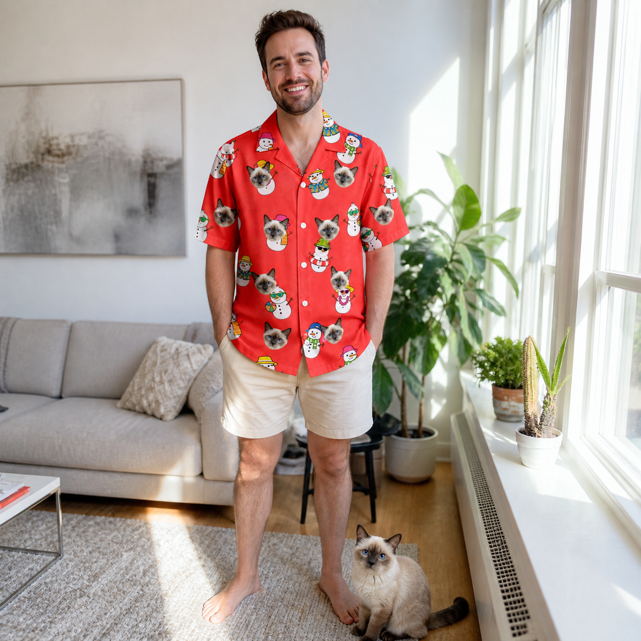 Full-length photo with the pet printed all over this Men's Polar Pantomime Custom Cat Face Hawaiian Shirt
