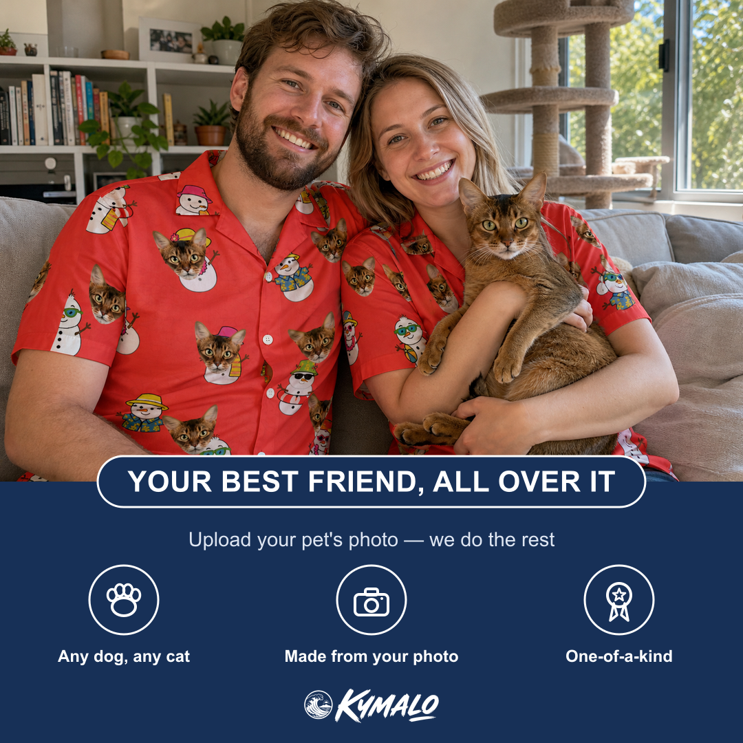 Friends in matching Men's Polar Pantomime Custom Cat Face Hawaiian Shirt — a group gift photo