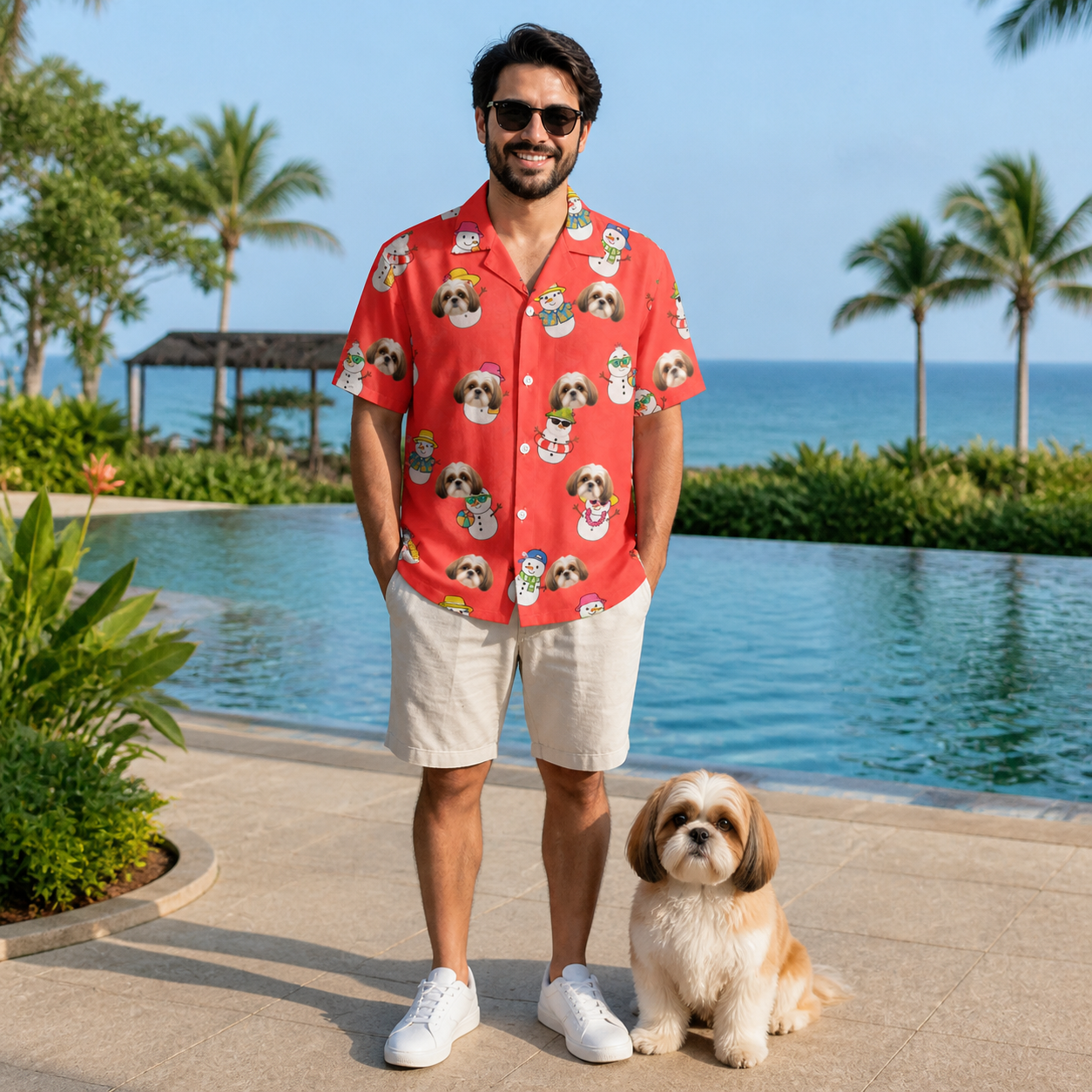 Full-length photo with the pet printed all over this Men's Polar Pantomime Custom Dog Face Hawaiian Shirt
