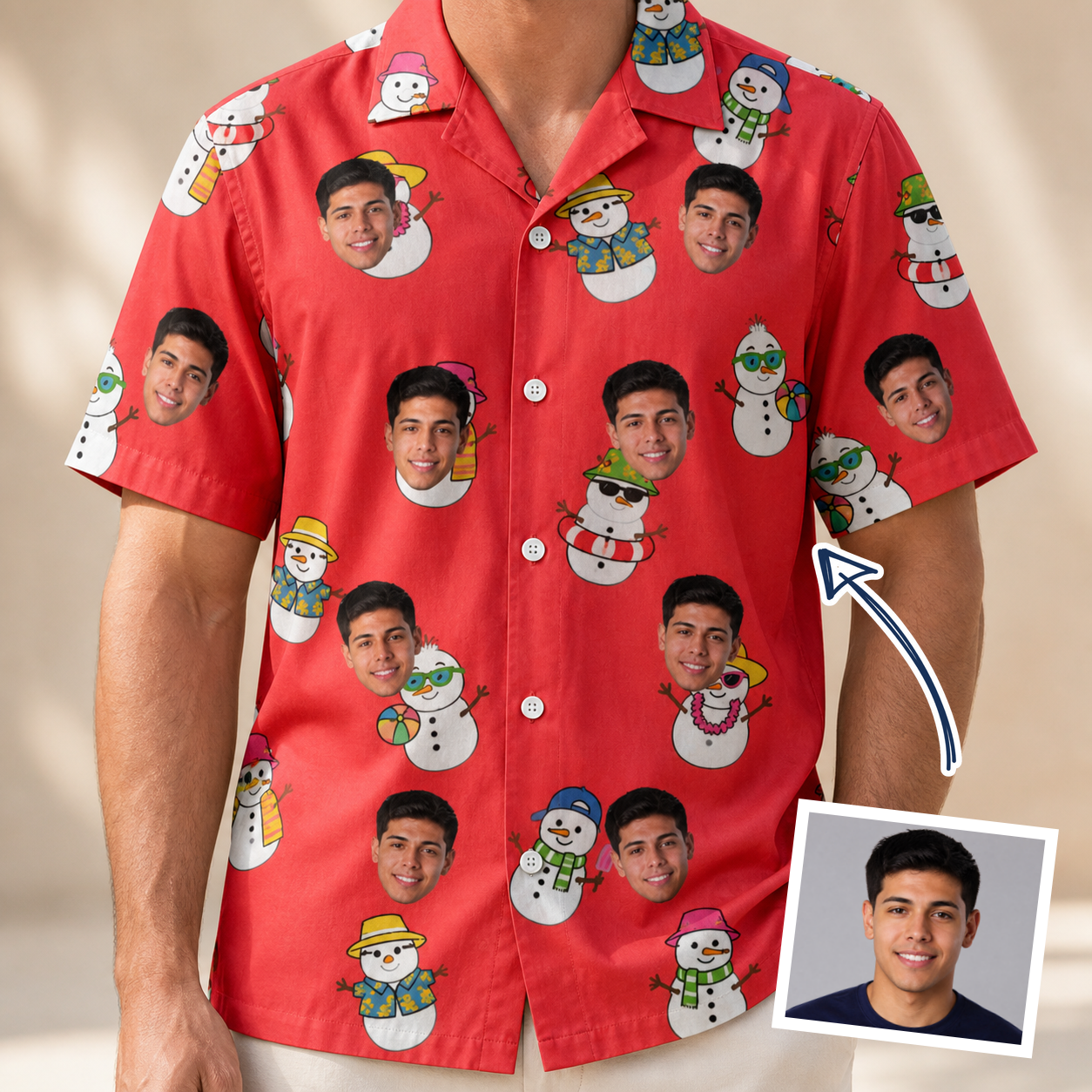 Man wearing Men's Polar Pantomime Custom Face Hawaiian Shirt — custom faces printed all-over