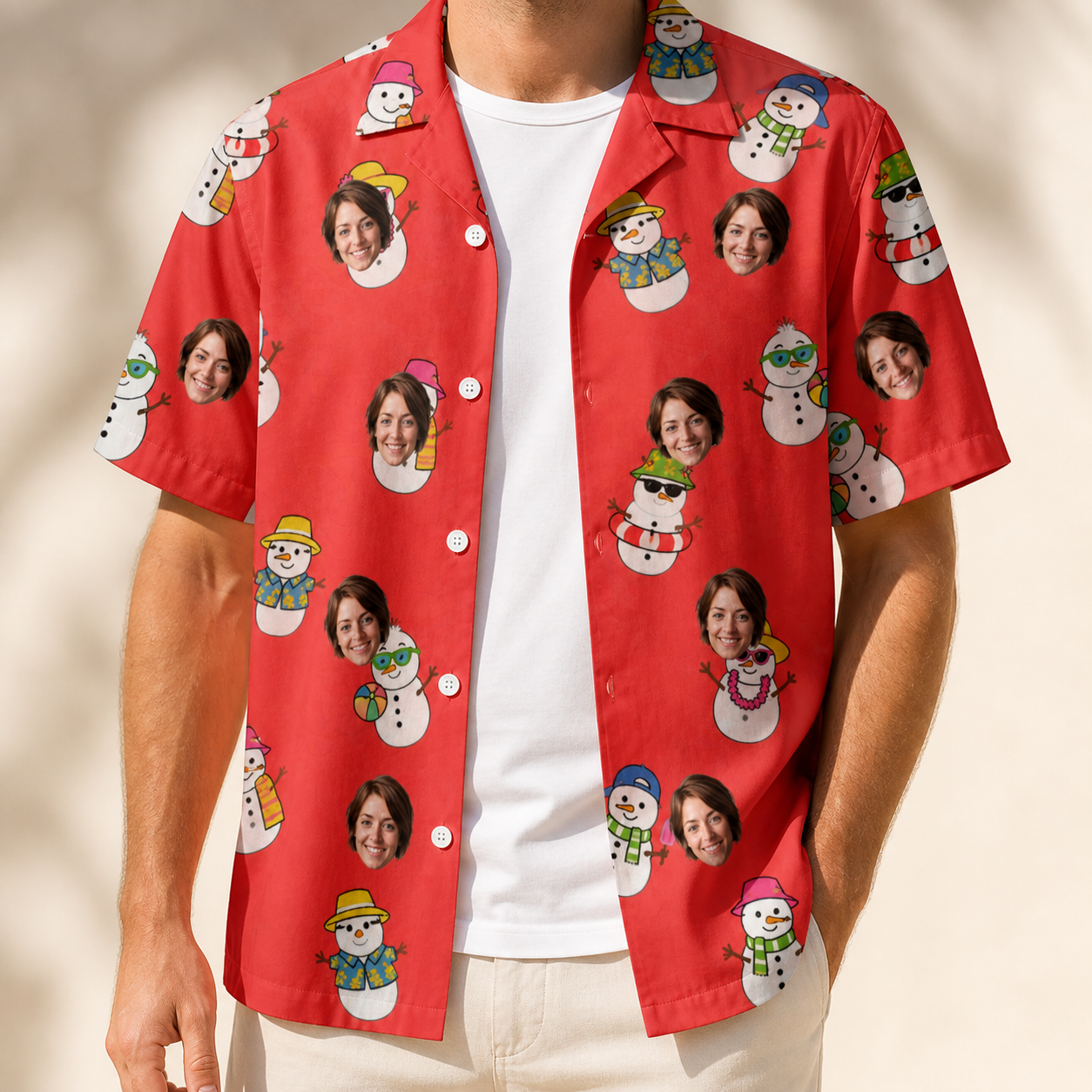 Man wearing Men's Polar Pantomime Custom Face Hawaiian Shirt open over a white tee