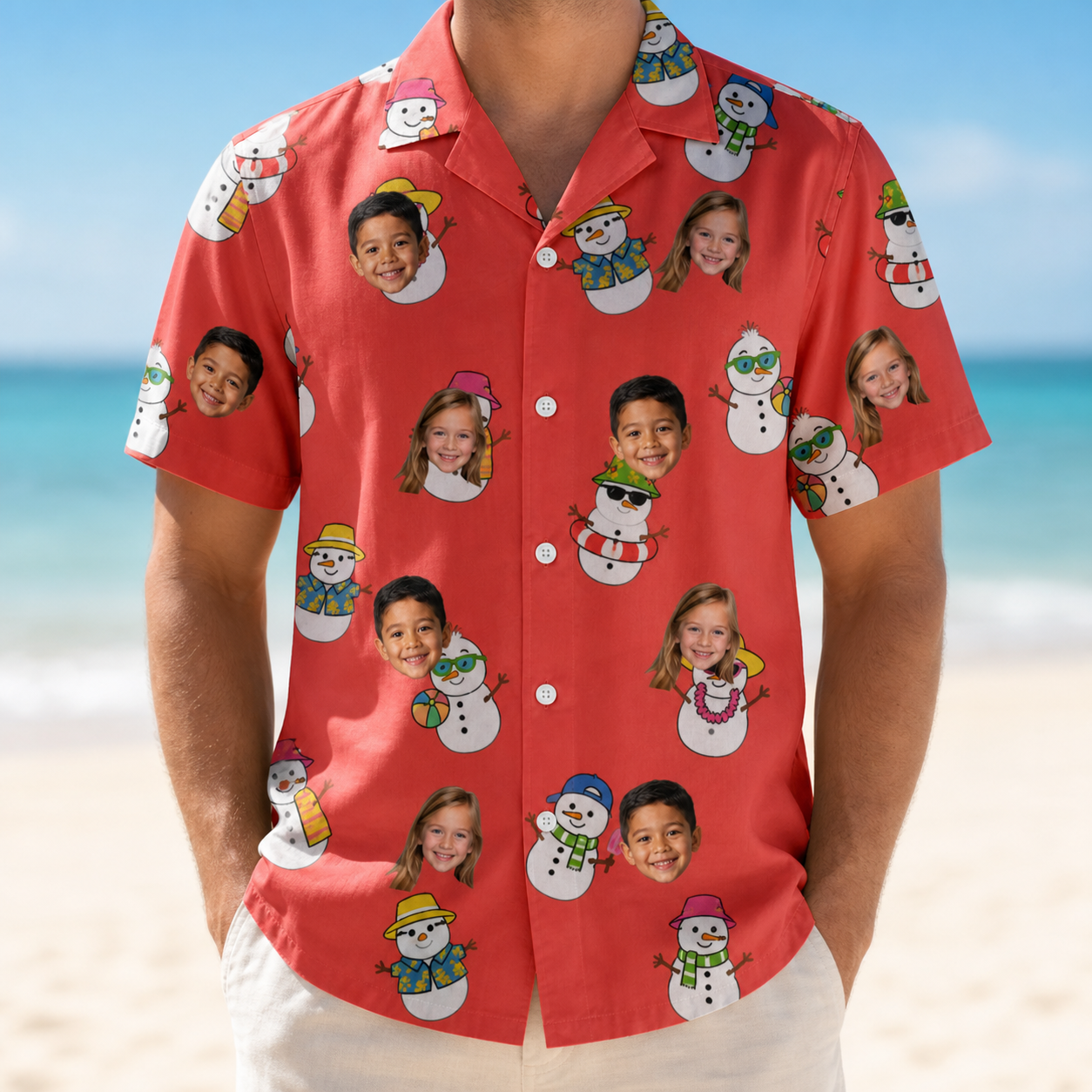 Model wearing Men's Polar Pantomime Custom Face Hawaiian Shirt printed with kids' faces
