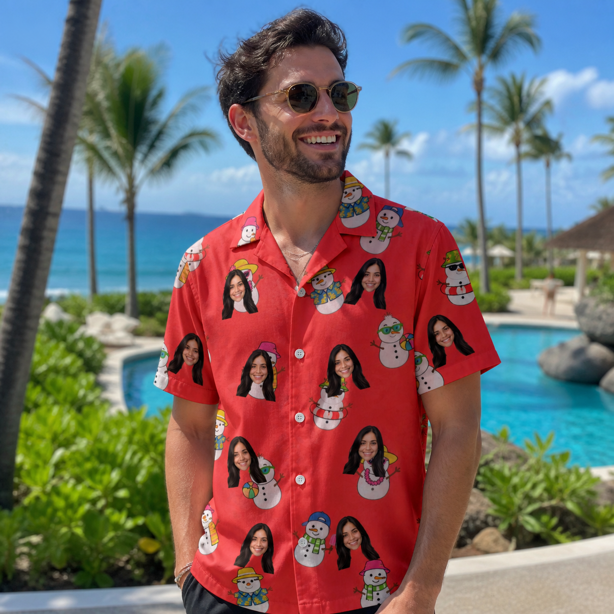 Real-life photo of someone wearing Men's Polar Pantomime Custom Face Hawaiian Shirt — custom faces printed all-over