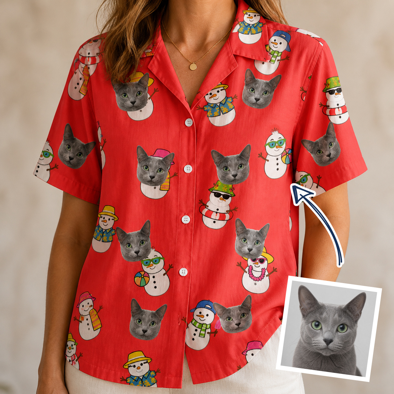 Woman wearing Women's Polar Pantomime Custom Cat Face Hawaiian Shirt — custom faces printed all-over